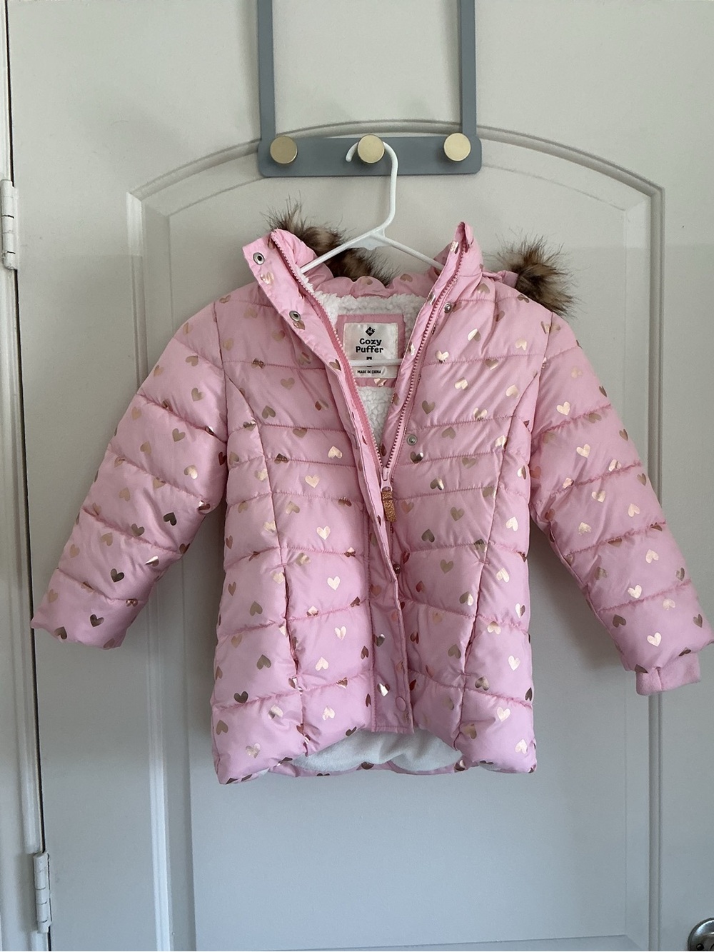 Members Mark Cozy Puffer Girls' Pink Heart-Print Hooded Puffer Jacket
